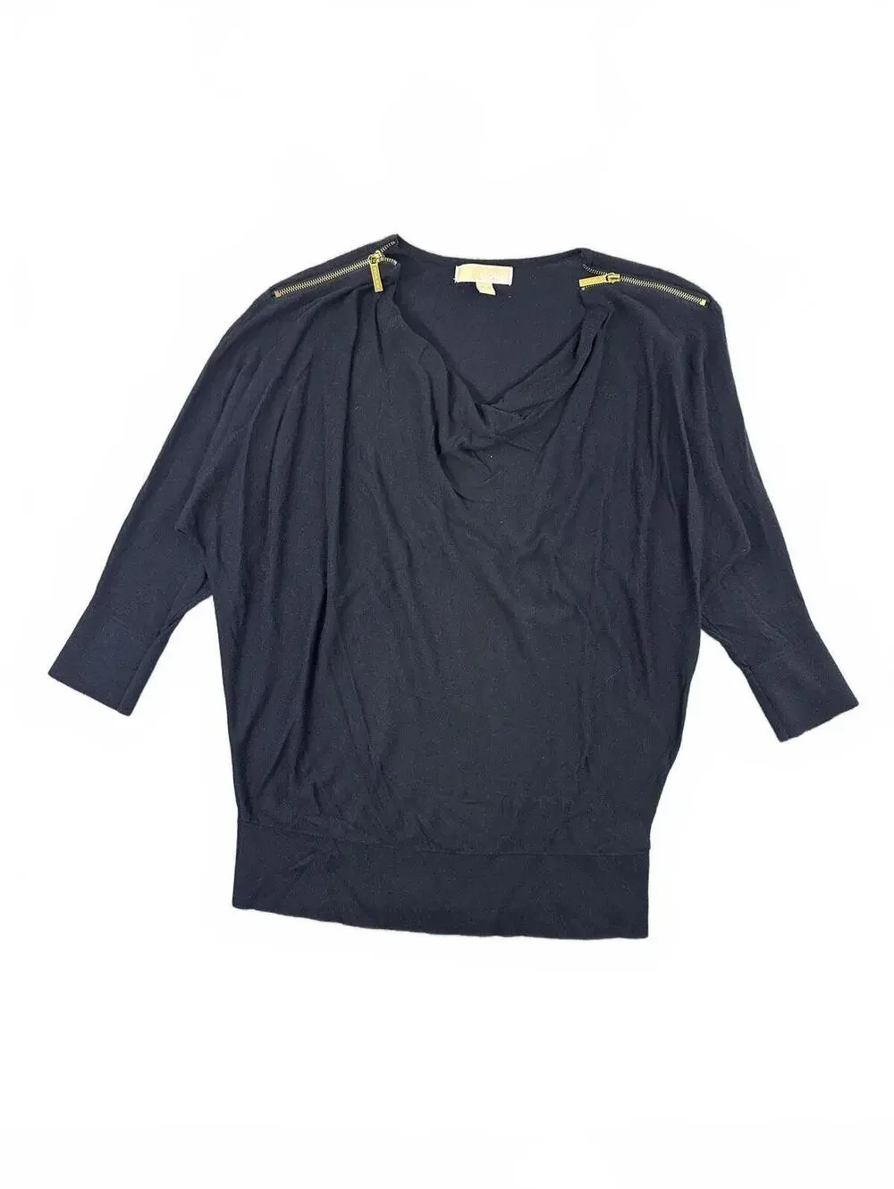 Michael Kors Navy Sweater with Draped Neckline and Gold Zipper Shoulder Accents